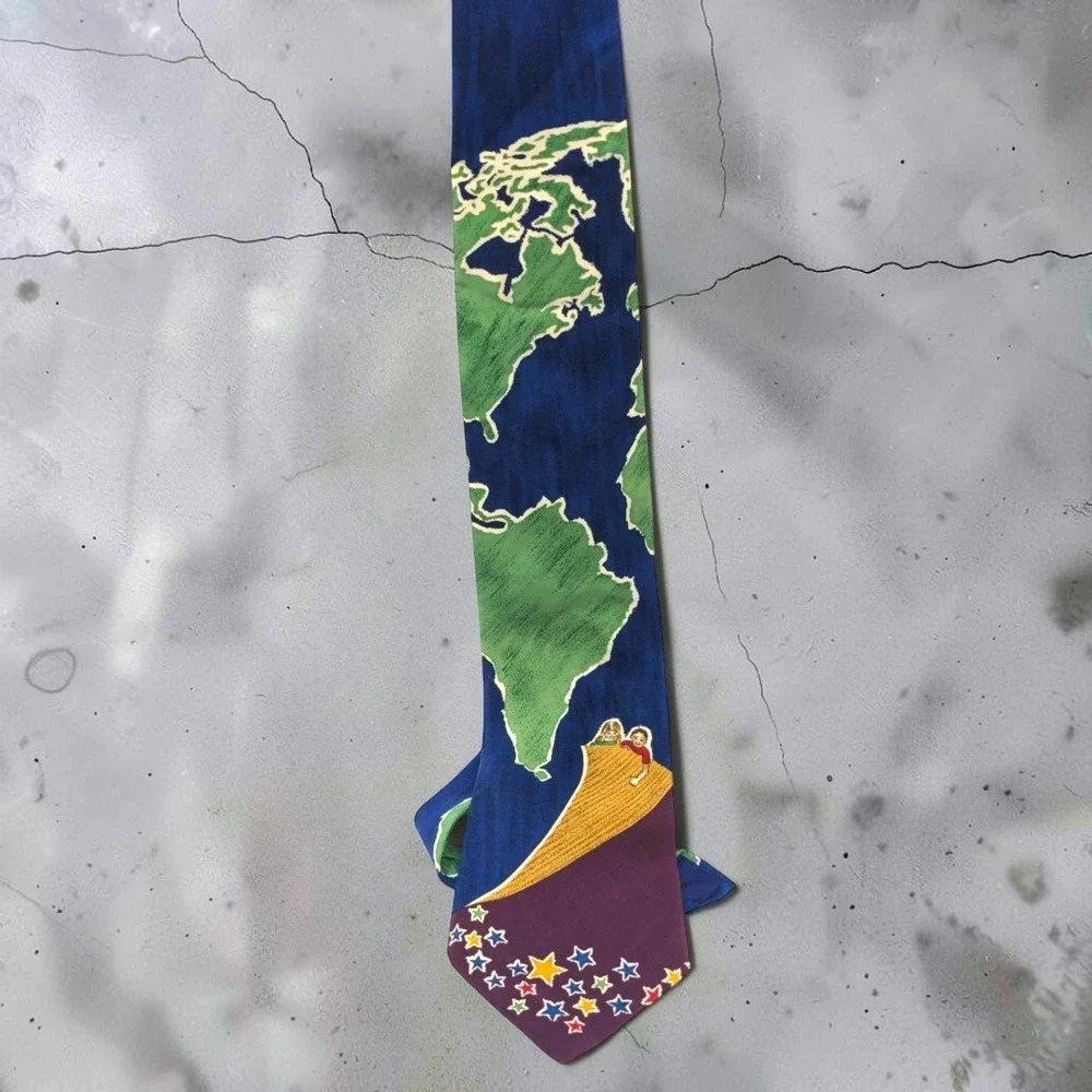 VTG Save the Children Silk Tie World Map Stars Michael Age 13 Blue Purple Mens